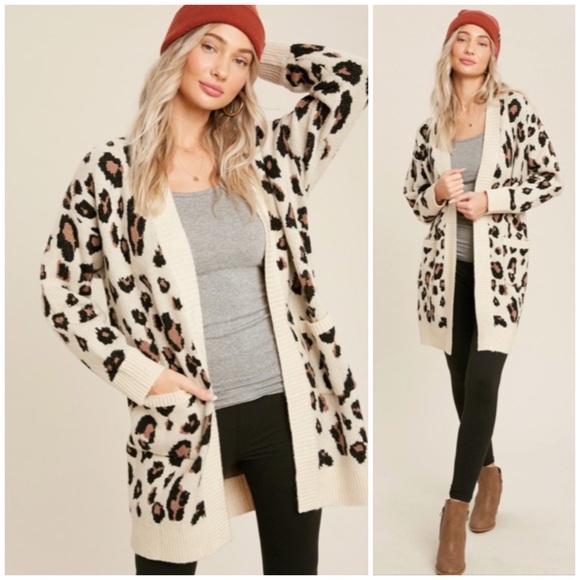 Sweaters - SOLD OUT Oatmeal Leopard Animal Print Open Front Knit Long Sleeve Casual Sweater